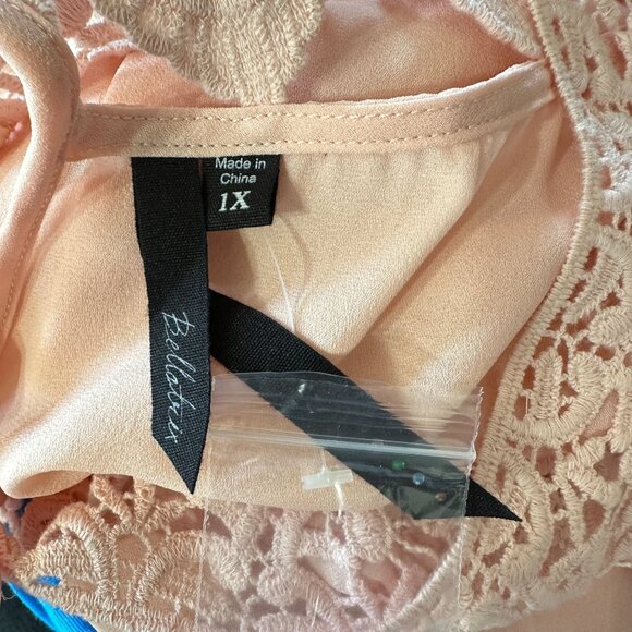 Bellatrix Peach Chiffon Blouse With Lace Crochet Neckline Long Sleeves 1X - Picture 6 of 7